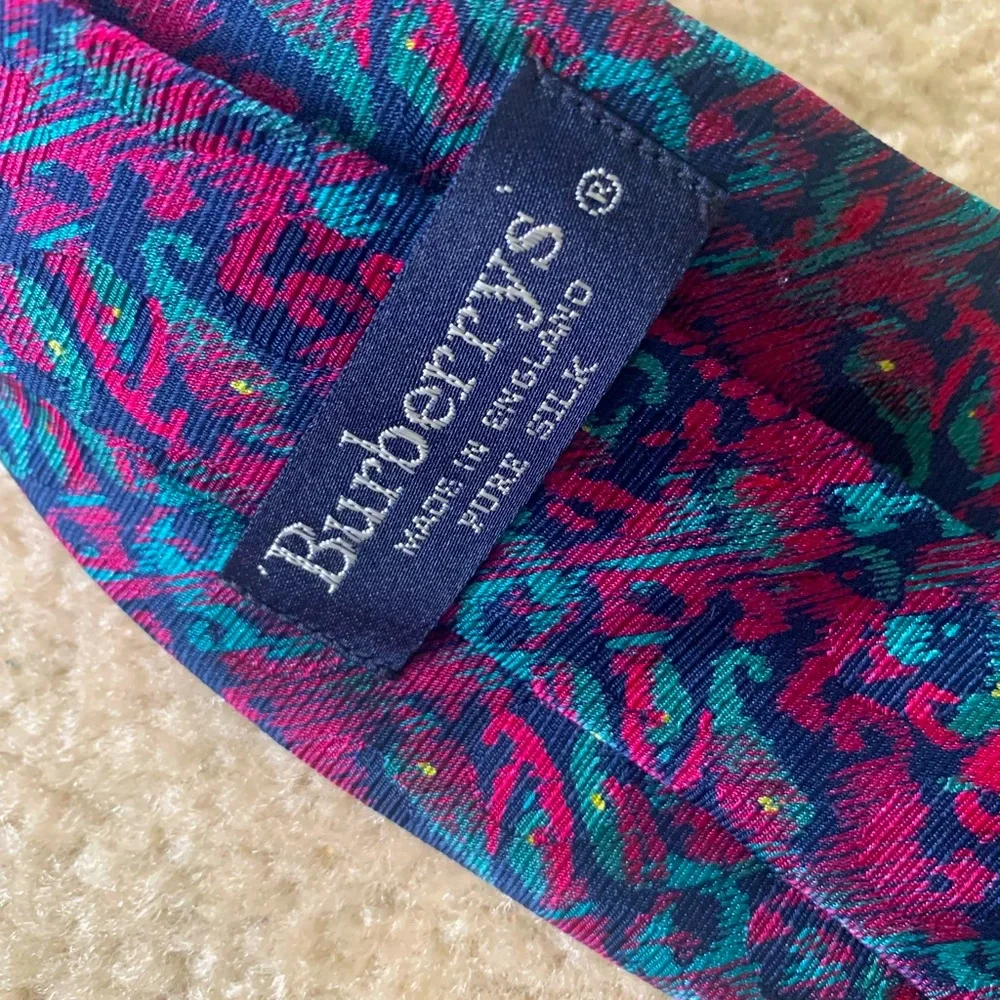 Burberry Teal Navy Blue And Burgundy Silk Tie